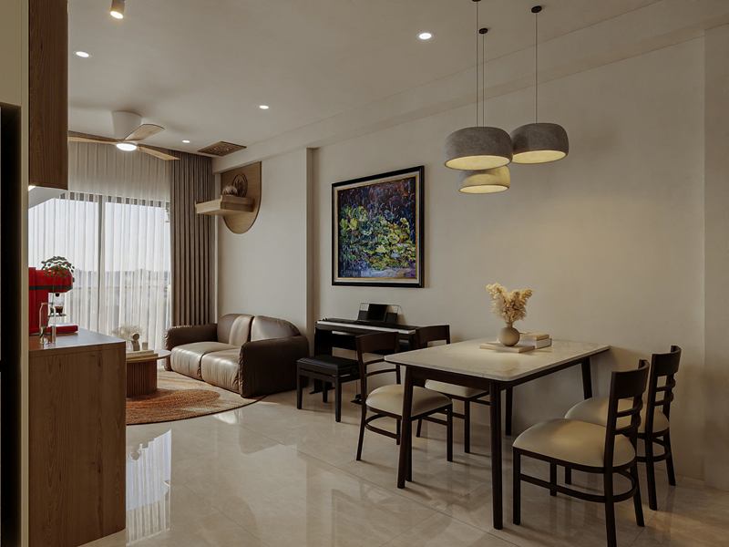 Phối cảnh bàn ăn và phòng khách nhìn từ lối vào