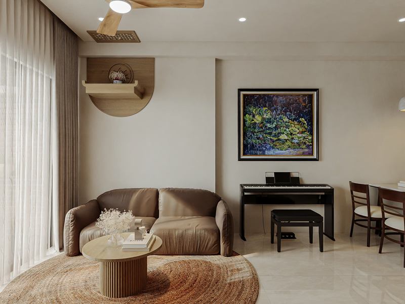Phối cảnh góc sofa với kệ trang trí nửa hình tròn trên tường