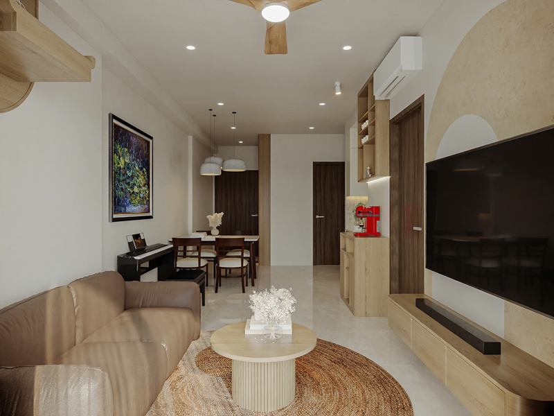 Phối cảnh phòng khách nhìn về phía cửa vào