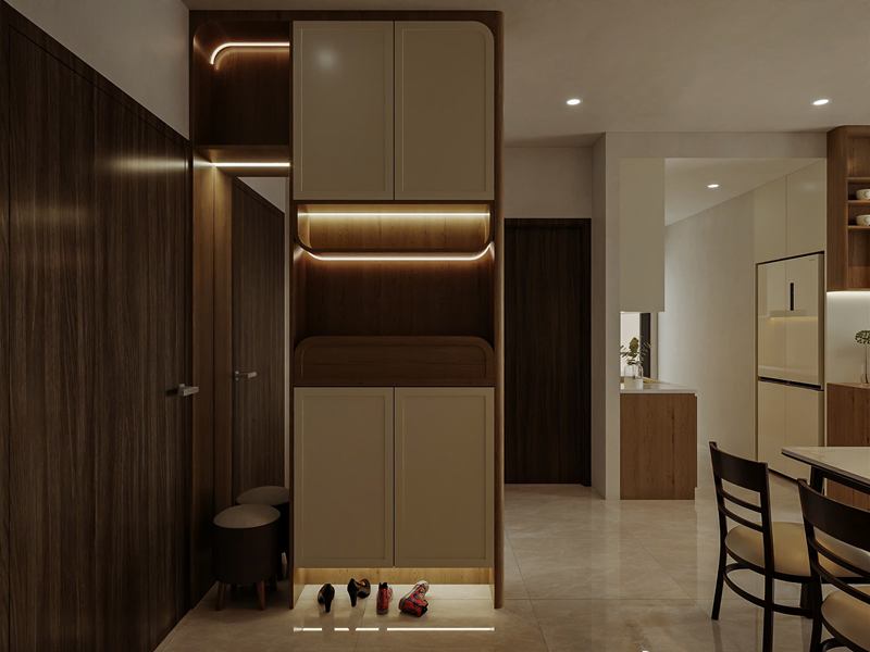 Phối cảnh tủ giày cao đến trần ở lối vào, có hốc để đồ lắp đèn