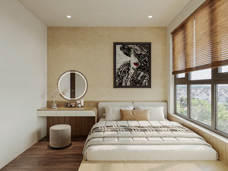 Phối cảnh phòng ngủ với giường bục và bàn trang điểm gương tròn