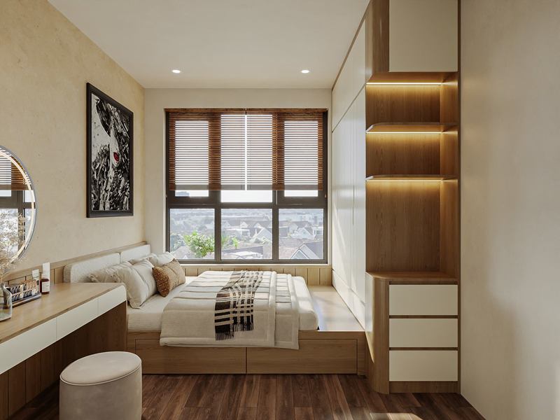 Phối cảnh phòng ngủ với giường bục, bàn trang điểm và kệ có đèn