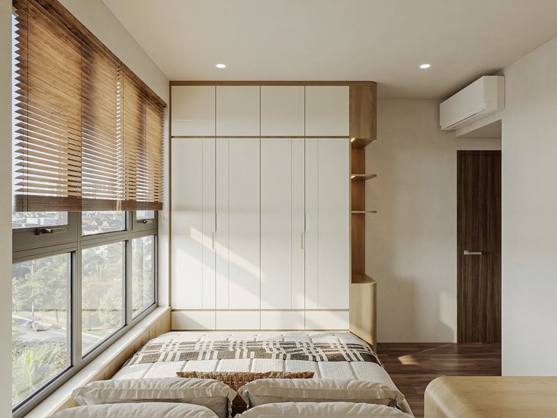 Phối cảnh tủ áo cánh trắng cao đến trần bên cửa sổ