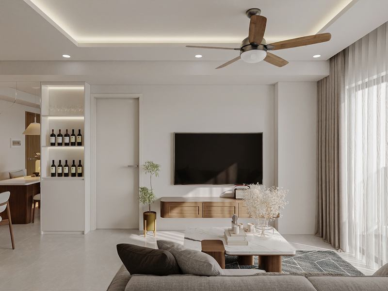 Phối cảnh phòng khách với kệ tivi treo tường vân gỗ nâu và tủ rượu âm tường