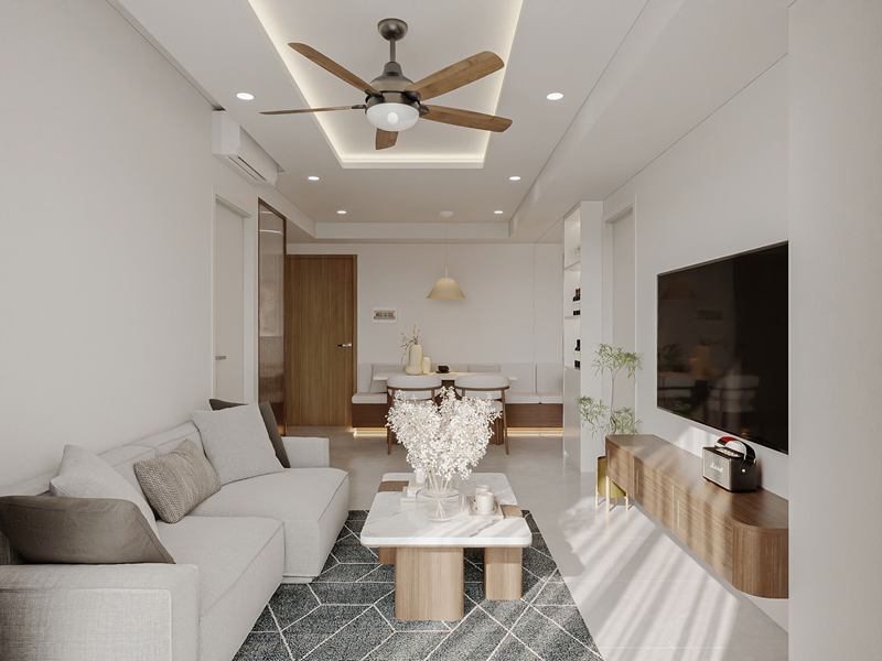 Phối cảnh phòng khách nhìn về phía bàn ăn