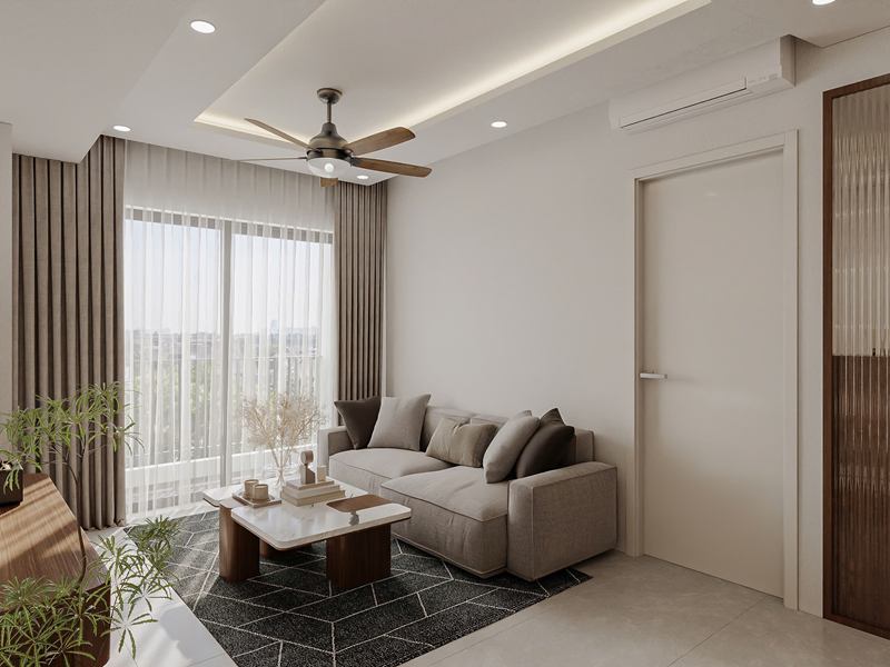 Phối cảnh góc sofa bên cửa sổ, cạnh vách kính sọc khung gỗ