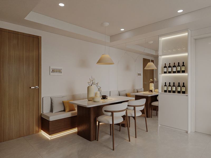 Phối cảnh khu bàn ăn với băng ghế liền tường có đèn hắt