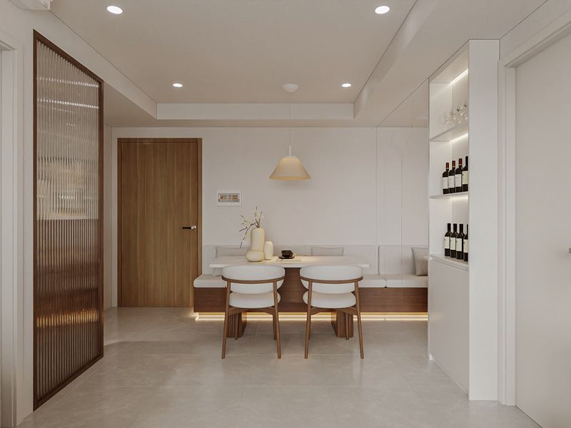 Phối cảnh khu bàn ăn nhìn từ phòng khách, bên trái là vách kính sọc