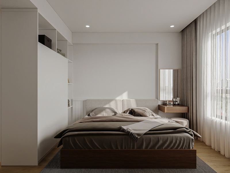 Phối cảnh phòng ngủ chính với tủ áo và bàn trang điểm