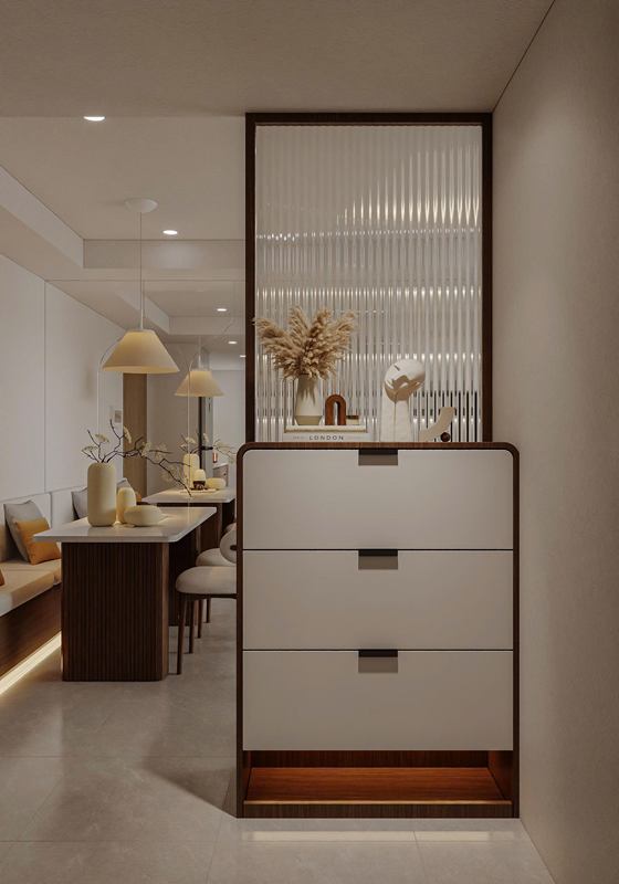 Phối cảnh tủ ngăn kéo ở lối vào, phía trên là vách kính sọc